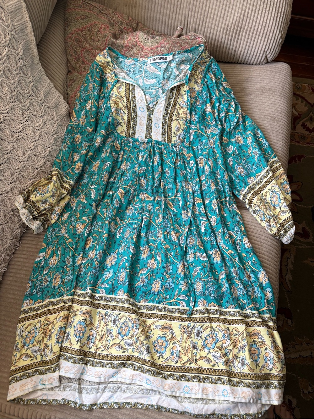 Temofon Ladies Teal Floral Boho Tunic Dress with Yellow Border - Medium